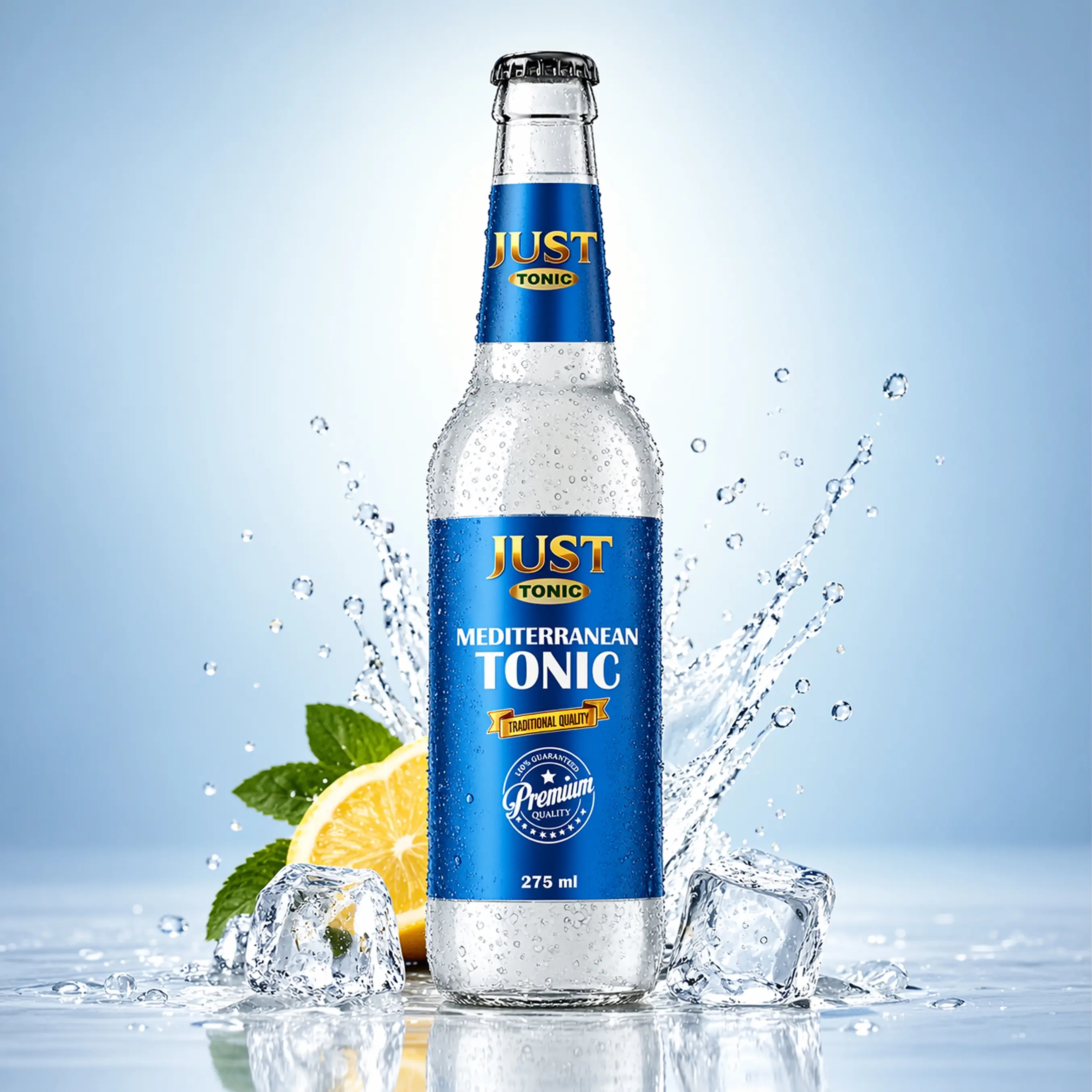 JUST Tonic Mediterranean Tonic 275ml glass bottle with lemon, green leaves, ice cubes, condensation, and refreshing water splashes.